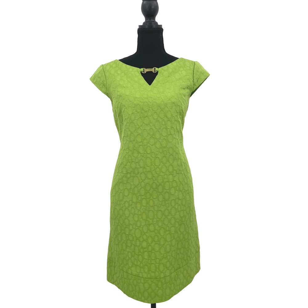 Jessica Howard Dress Womens 8 Green Jacquard Sheath Gold Bit Wdding Guest Summer